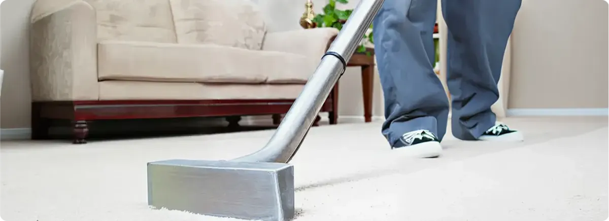 Carpet cleaning technician using a hot-water extraction wand on a light-colored carpet in a living room, St Paul, MN.